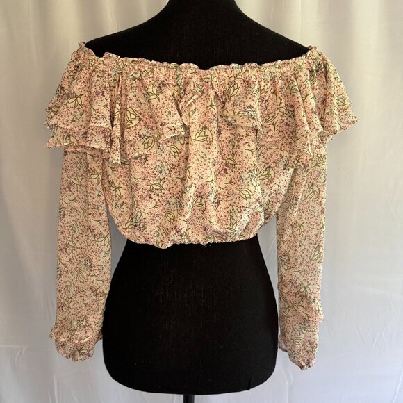 Lulus Teddi Blush Pink Floral Print Ruffled Off the‎ Shoulder Crop Top Small-364 - Picture 2 of 5